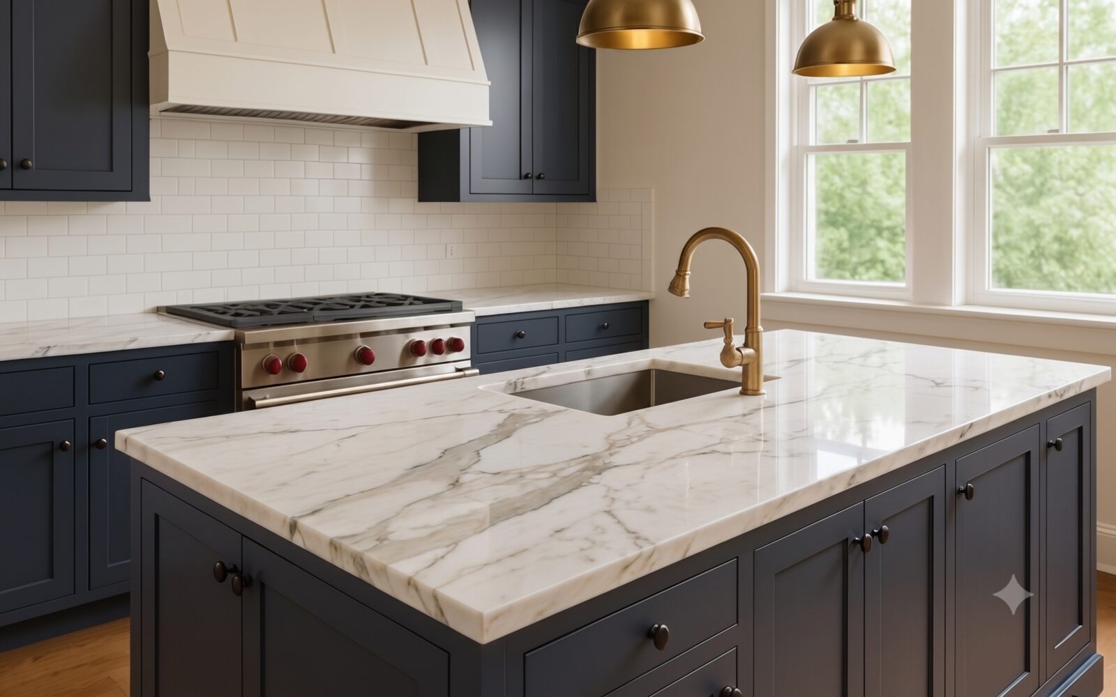 White marble island navy cabinets countertop Anaheim CA